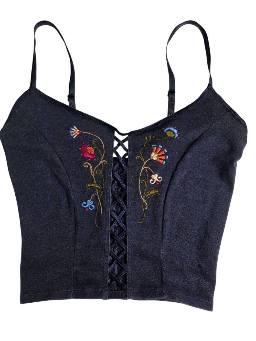 VTG 90s Rampage Navy Embroidered Lace up Corset Tank Sz M Festival Boho Y2K